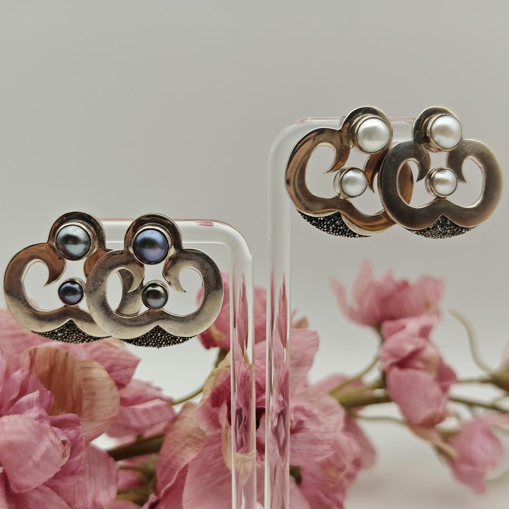 Art Deco Handmade Pearl Sterling Silver Earrings Women OS Cream Gray Artisan
